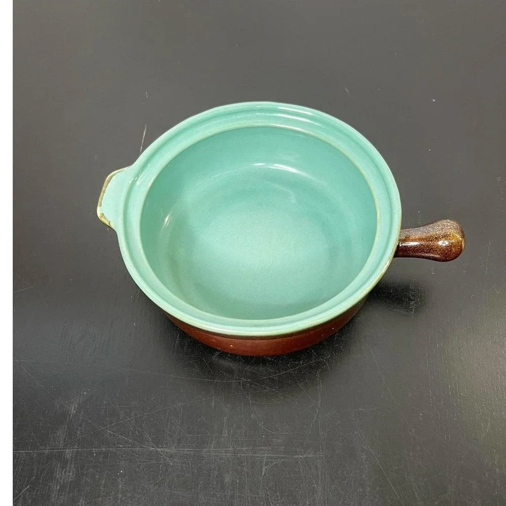Vintage‎ Ceramic Casserole Dish Brown Turquoise MCM Single Handle 6.5in